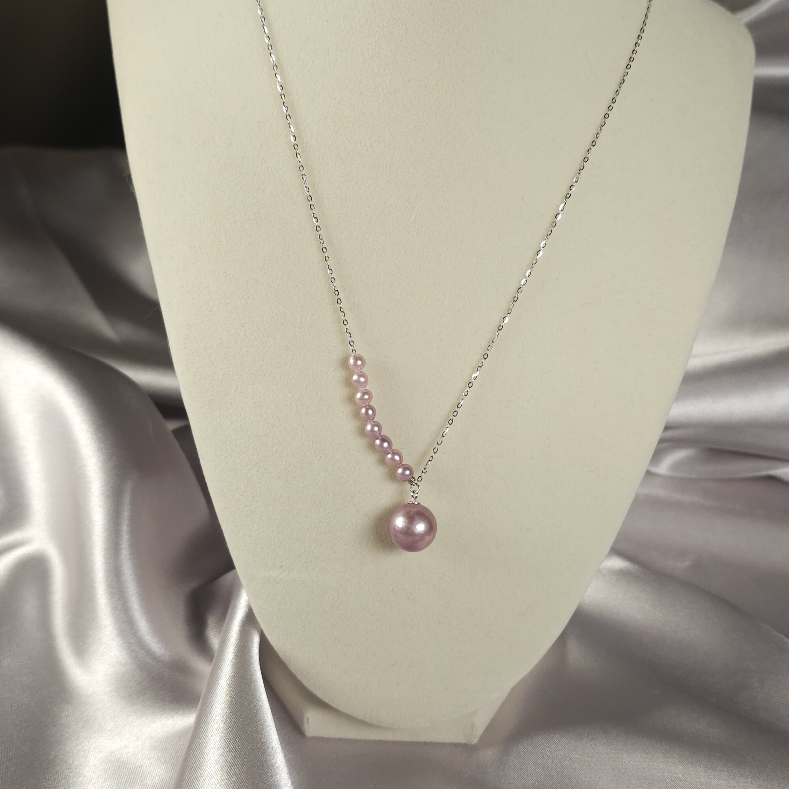 Asymmetric pendant with genuine freshwater lavendar pearls, 925SS, 18 in box chain with 2 in extender