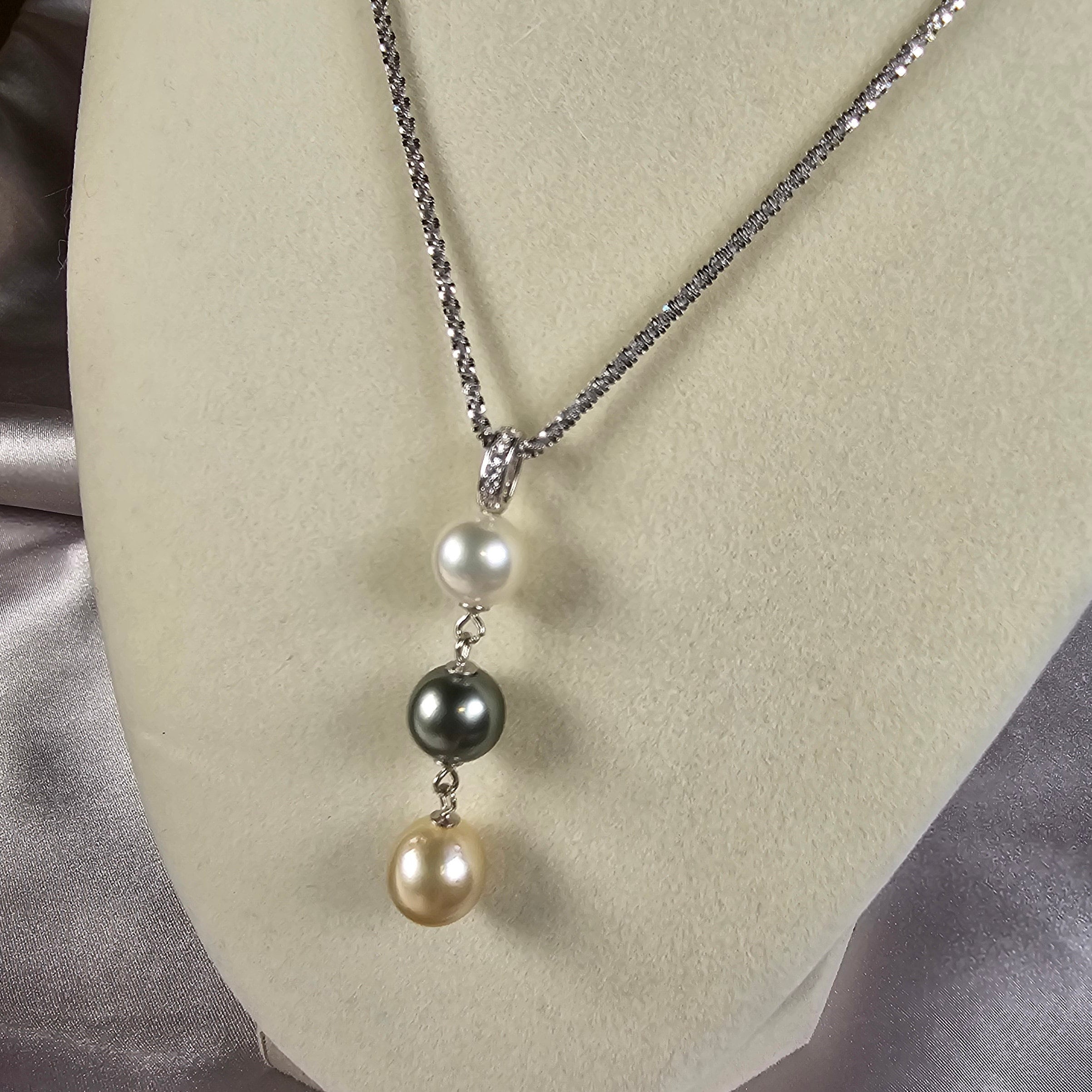 Beautiful Genuine Tahitian Black, South Sea Golden, and Australian White Pearl pendant on 925SS 18 in chain