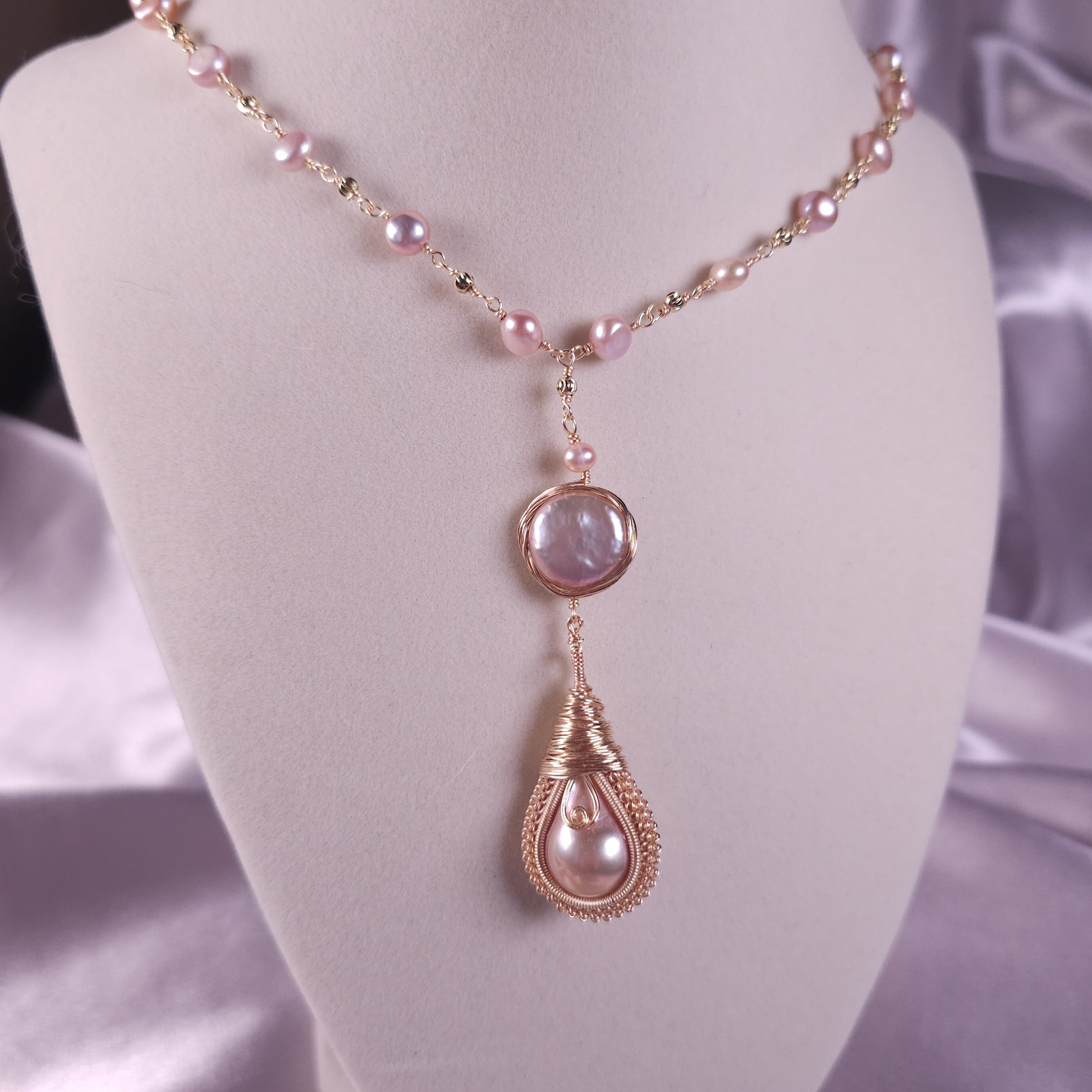 Freshwater pearl Lariat necklace on a wire wrapped chain lined with seedless freshwater pearls, 22"