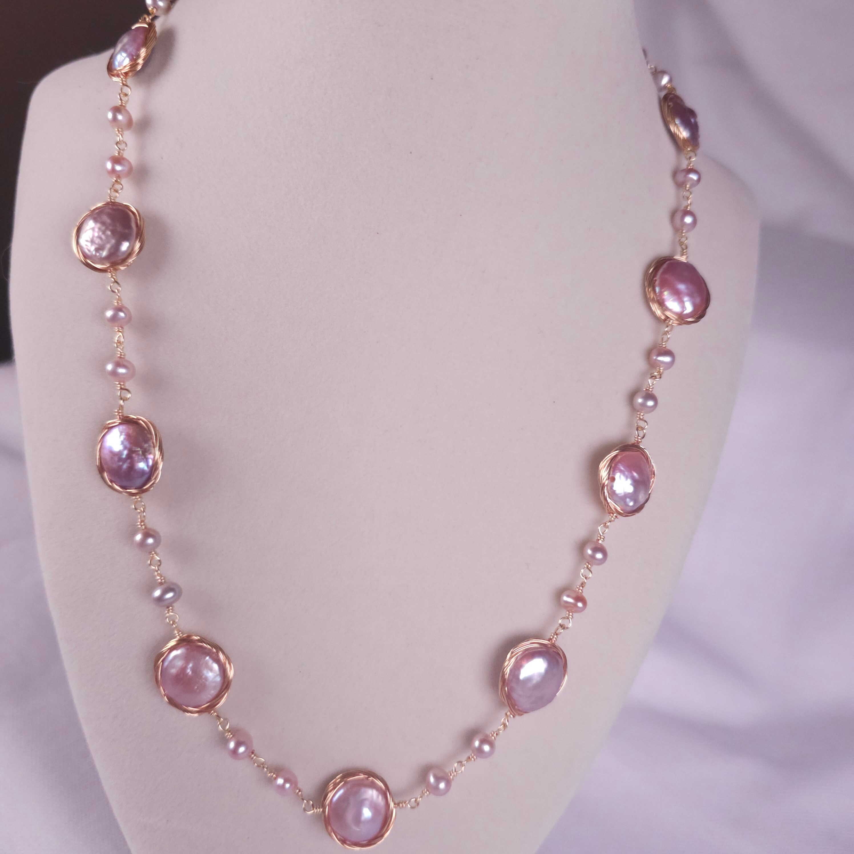 Freshwater pearl necklace on a wire wrapped chain, 18"