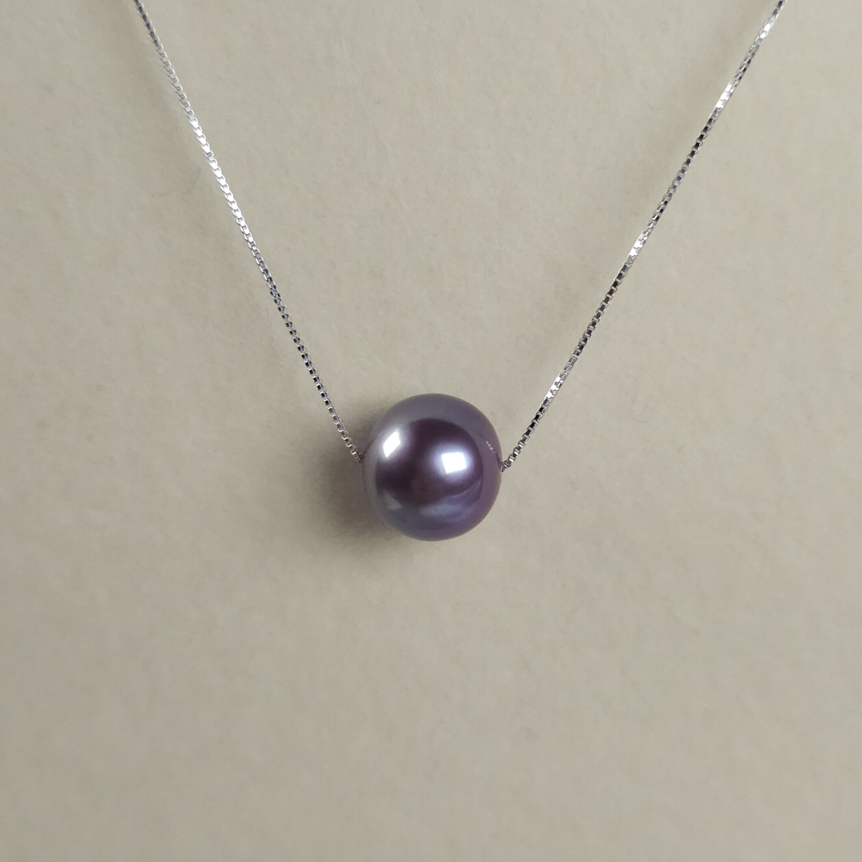 Genuine Freshwater pearl necklace with deep purple luster, 925SS box chain 18"