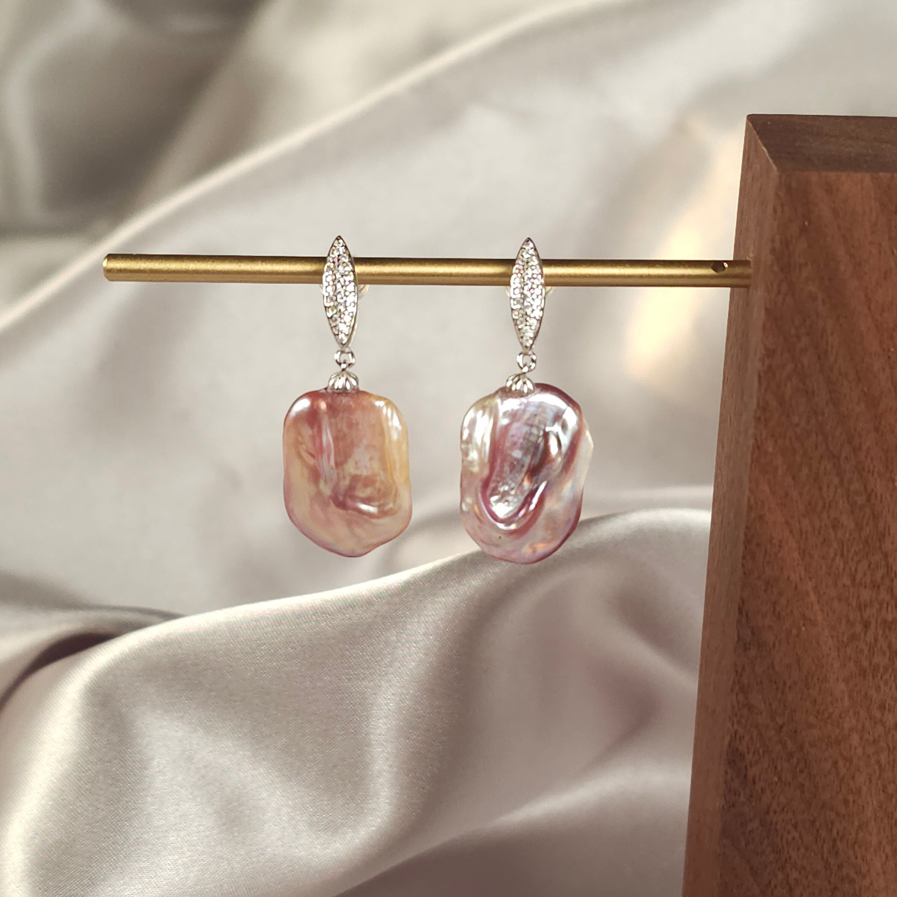Genuine Freshwater Square Pearl Earrings in Sterling Silver Dangling Setting - Pink with Purple Rainbow Luster